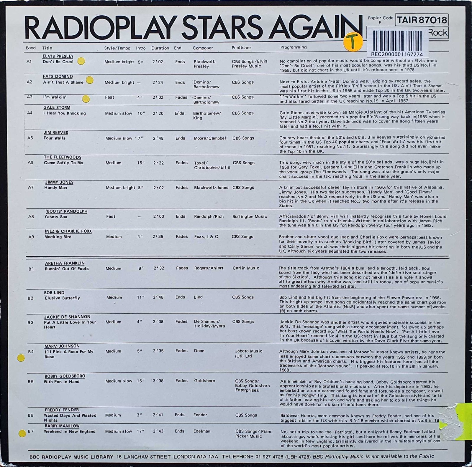 Back cover of TAIR 87018